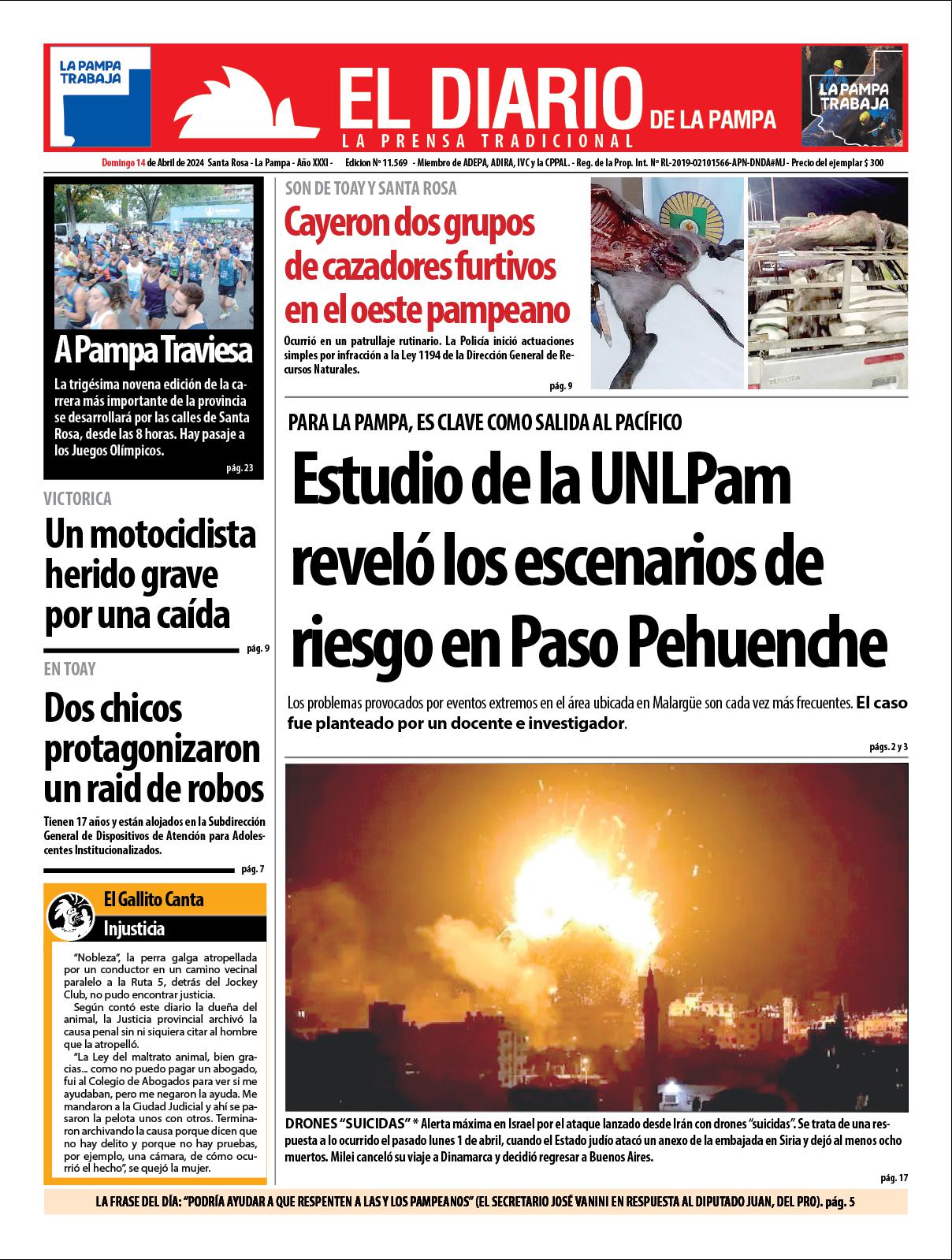 Tapa de El Diario en papel  domingo 14 de abril de 2024